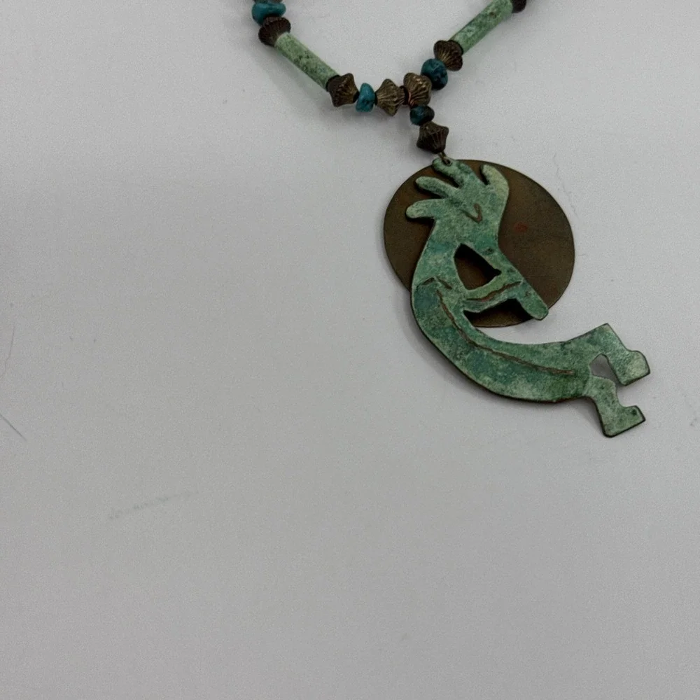 Vtg Native American Kokopelli‎ Brooch Pin Pendant Turquoise Copper? 5